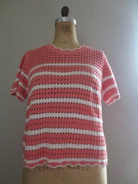 GAP Coral & White Stripes Scalloped Cotton Short Sleeve Sweater Top